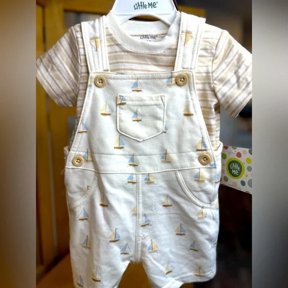 Little Me Cream Sailboat Print Overalls and top 3 months - Picture 2 of 5